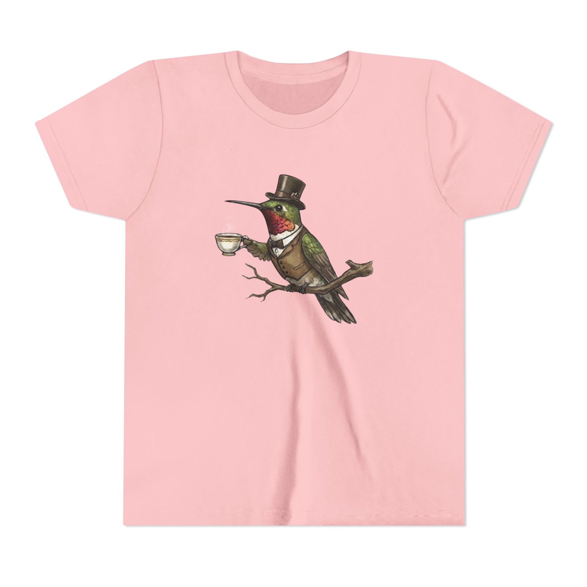 Pink t-shirt with a cartoon hummingbird wearing a top hat and holding a cup on a white background