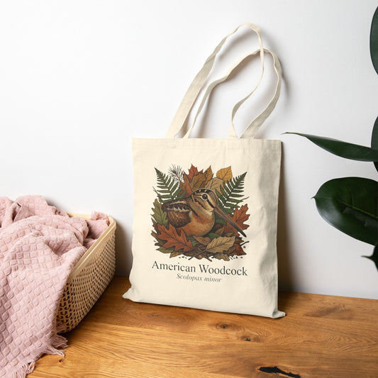 A beige canvas tote bag with a graphic of an American Woodcock, sitting on a table with a white background. 