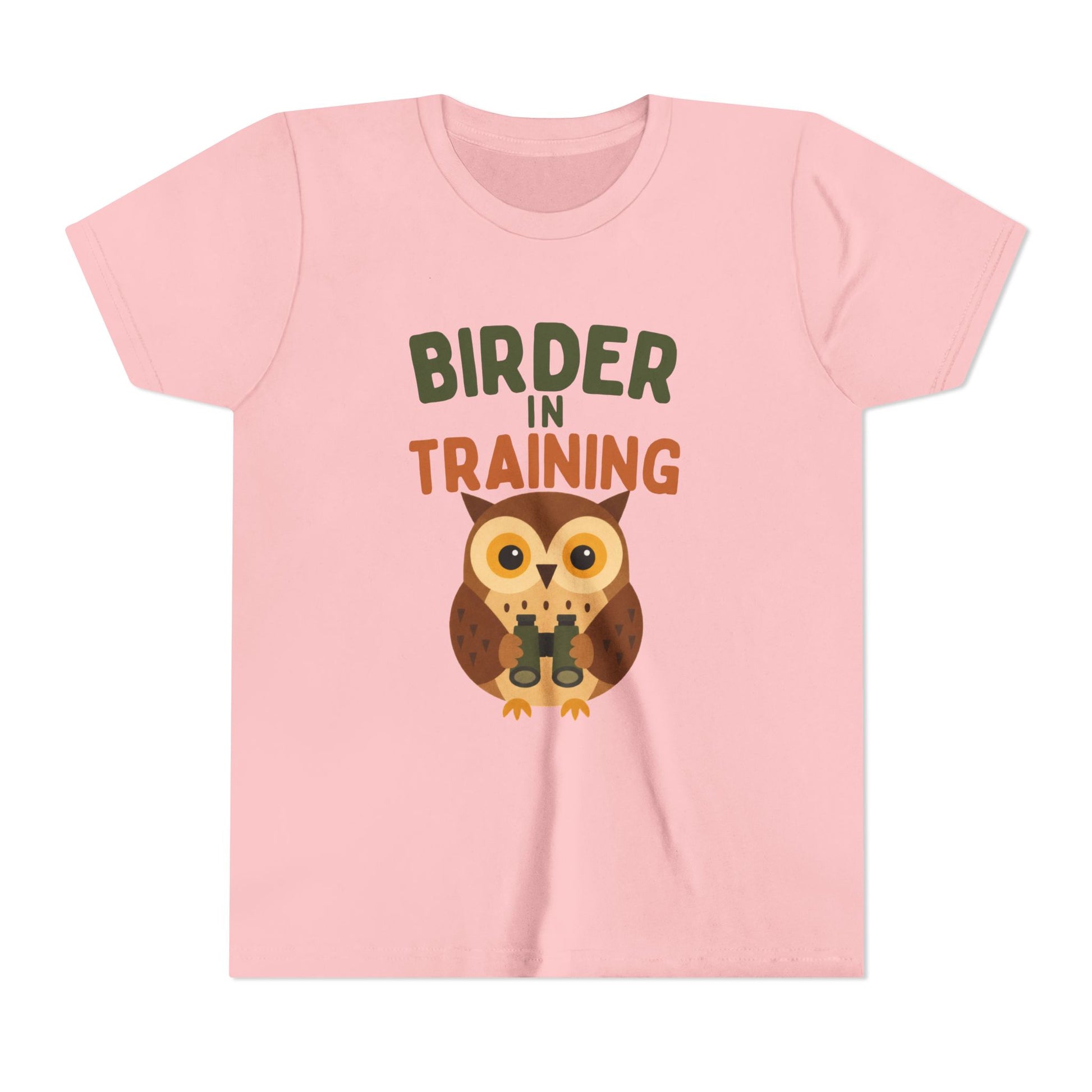 Pink t-shirt with an owl graphic and text 'Birder in Training' on a white background