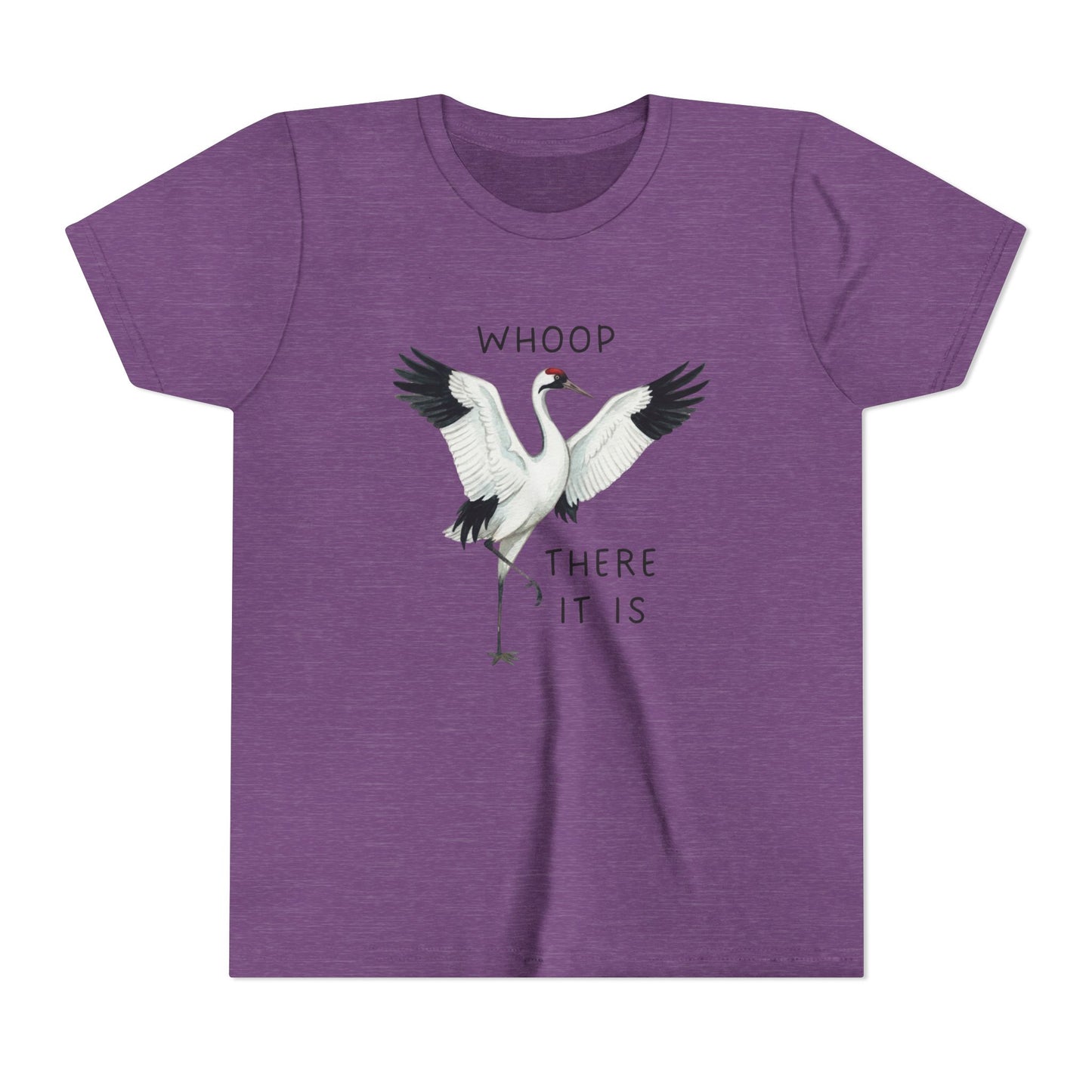Purple t-shirt with a graphic of two cranes and text on a white background