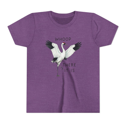 Purple t-shirt with a graphic of two cranes and text on a white background
