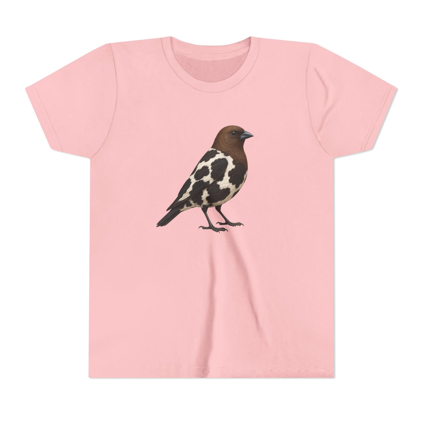 A light pink short-sleeve crewneck t-shirt featuring a graphic illustration of a bird with brown, black, and white plumage on the center chest, displayed against a solid white background.