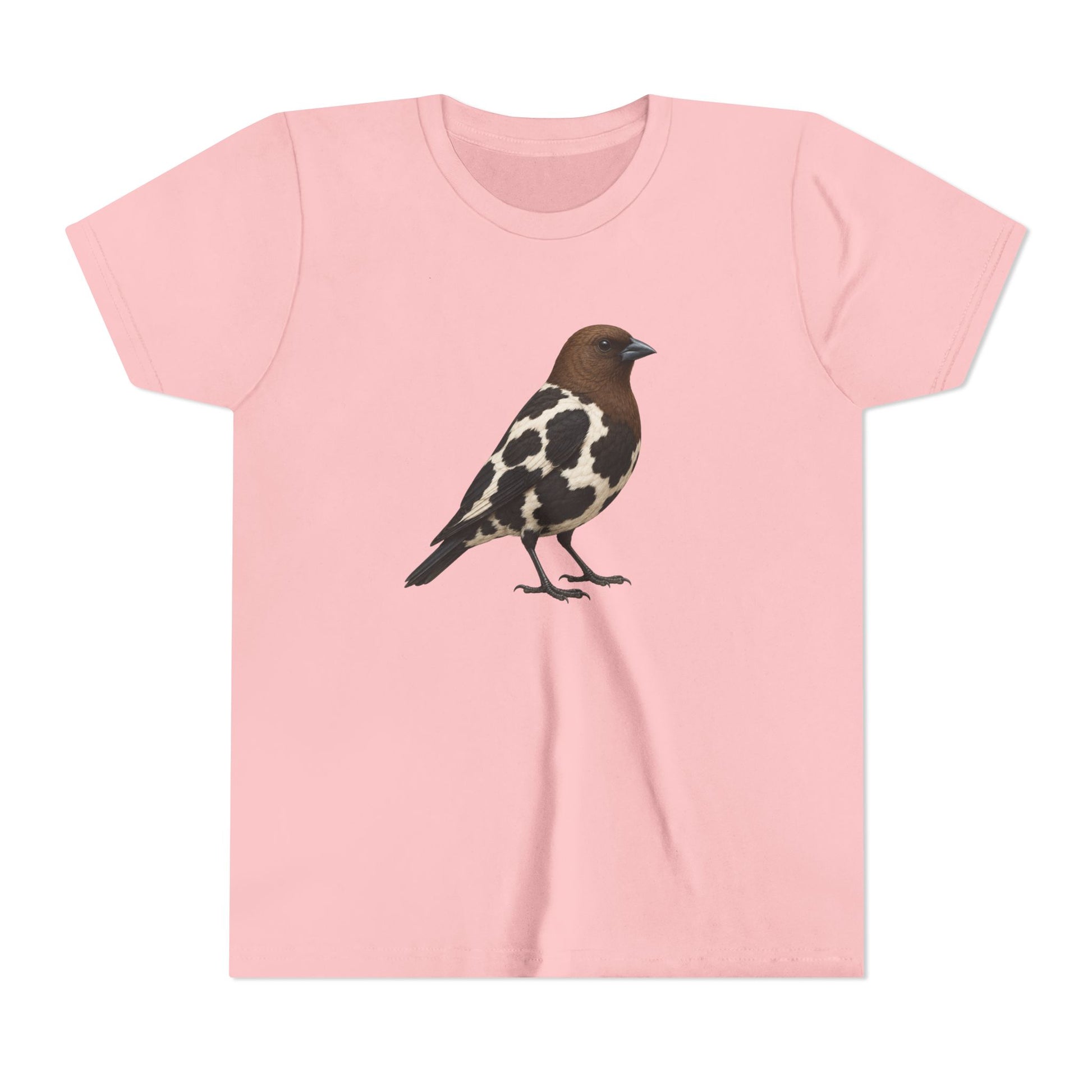 A light pink short-sleeve crewneck t-shirt featuring a graphic illustration of a bird with brown, black, and white plumage on the center chest, displayed against a solid white background.