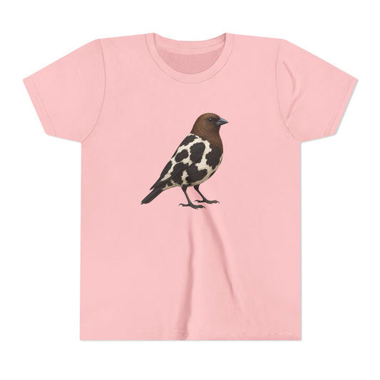A light pink short-sleeve crewneck t-shirt featuring a graphic illustration of a bird with brown, black, and white plumage on the center chest, displayed against a solid white background.