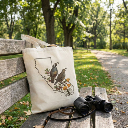 Tote bag with California quail design on a bench in a park