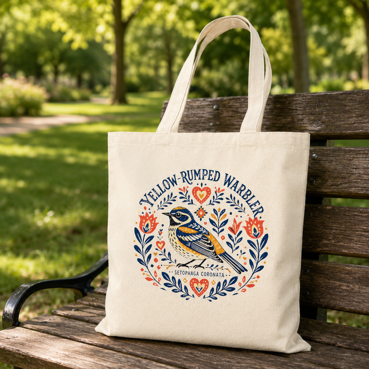 Canvas tote bag with a folk art yellow-rumped warbler design on a park bench.