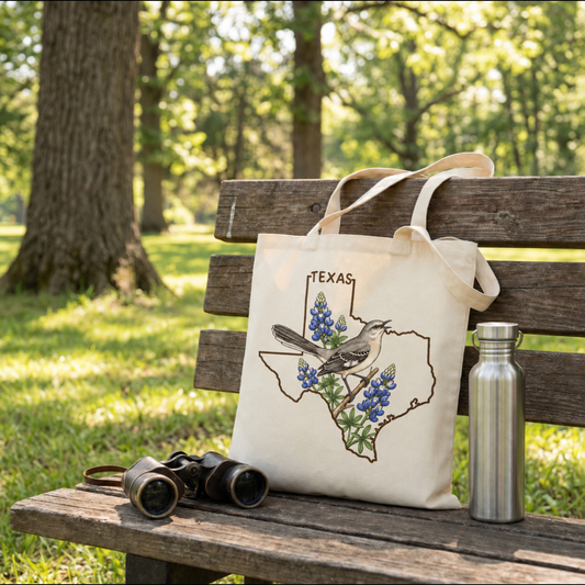 A cream canvas tote bag with a Texas map outline, bluebonnets, and a bird graphic, resting on a wooden park bench next to a stainless steel water bottle and binoculars.