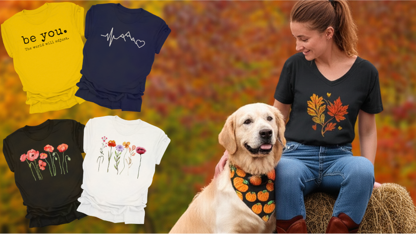 woman sitting on a hay bale next to a golden retriever. both are wearing fall themed apparel. fall leaves in the background and 4 tshirts displayed prominently.