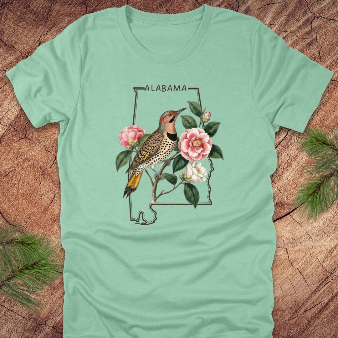 Mint green t-shirt with Alabama state outline design featuring a northern flicker and camellia flowers on a wooden surface.