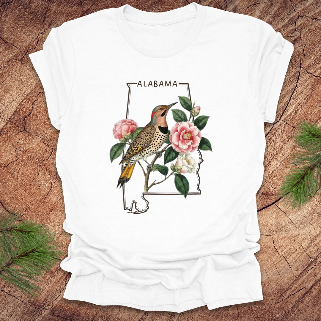 White t-shirt with Alabama state outline design featuring a northern flicker and camellia flowers on a wooden surface.