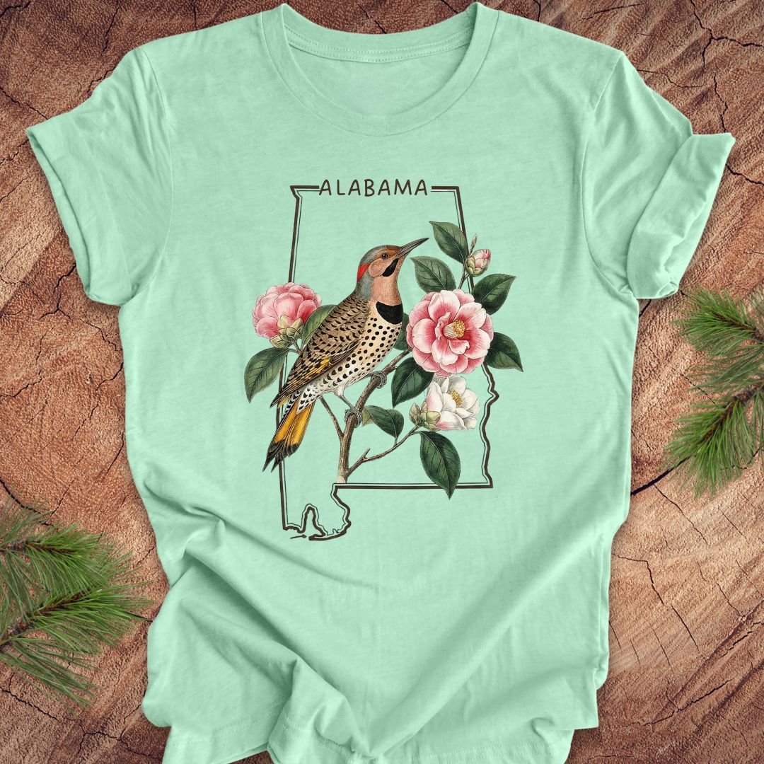 Mint green t-shirt with Alabama state outline design featuring a northern flicker and camellia flowers on a wooden surface.