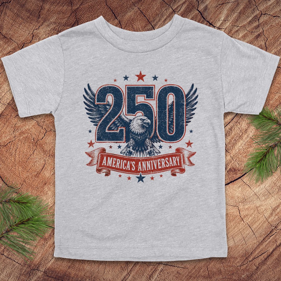 Gray t-shirt with '250 America's Anniversary' design on a wooden surface