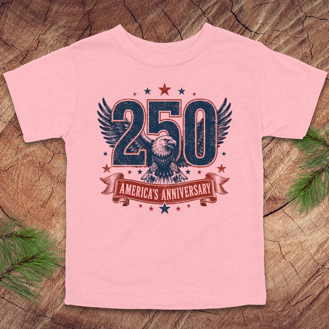 Pink t-shirt with '250 America's Anniversary' design on a wooden surface