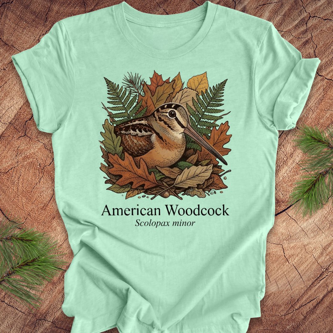 Light green t-shirt with an illustration of an American Woodcock and autumn leaves on a wooden surface.