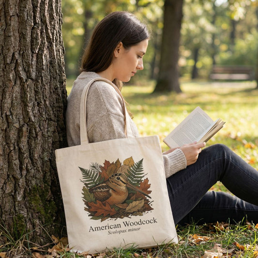 A woman reading a book, sitting against a tree with a tote bag with an American Woodcock design,