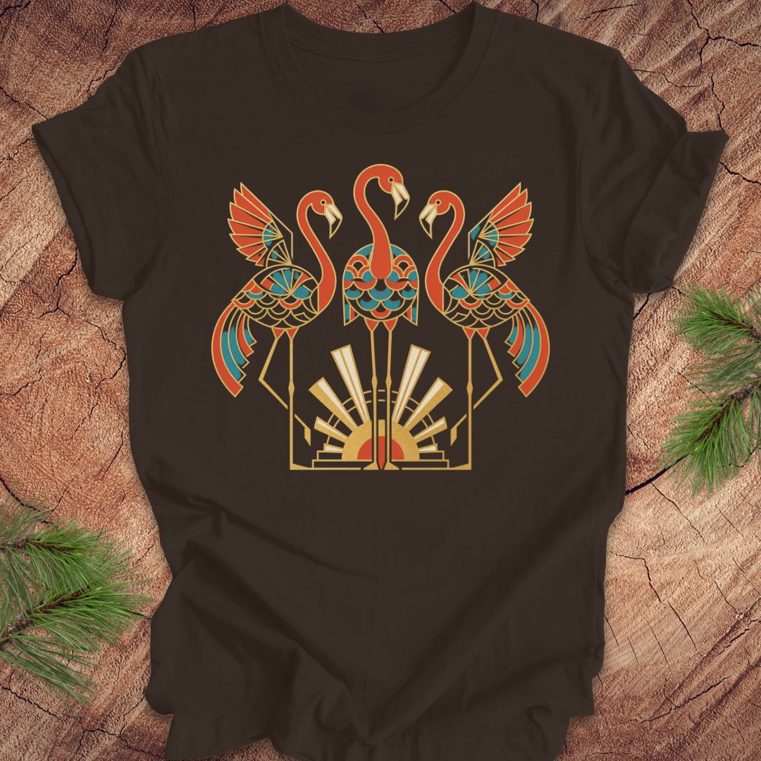 A brown short-sleeve t-shirt with a stylized graphic of three flamingos in orange, teal, and gold, laid flat on a rustic wood background with pine needles in the corners.