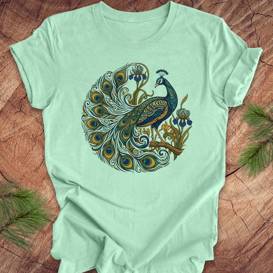A mint green short-sleeve t-shirt with a detailed graphic of a peacock in a circular composition, laid flat on a rustic wood background with pine needles in the corners.