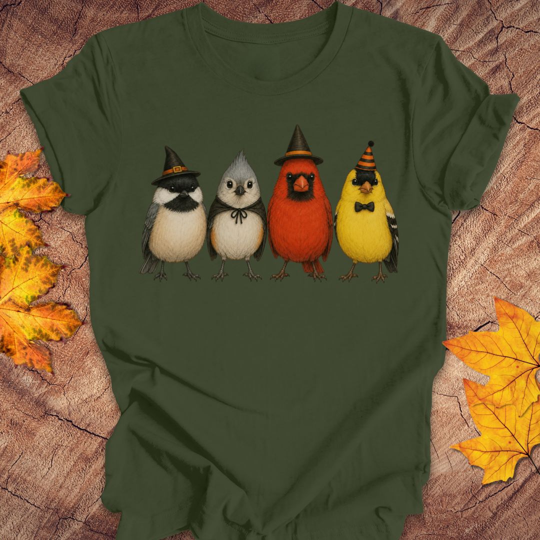 An olive green short-sleeve t-shirt laid flat on a rustic wood background with autumn leaves. The front of the shirt features a graphic of four cute birds dressed in witch hats: a black bird, a white bird, a red bird, and a yellow bird.