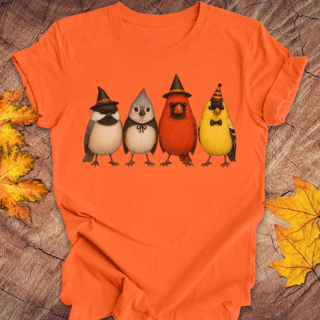 An orange short-sleeve t-shirt laid flat on a rustic wood surface, featuring a graphic of four cute birds wearing witch hats and sunglasses. The background is decorated with scattered autumn leaves.