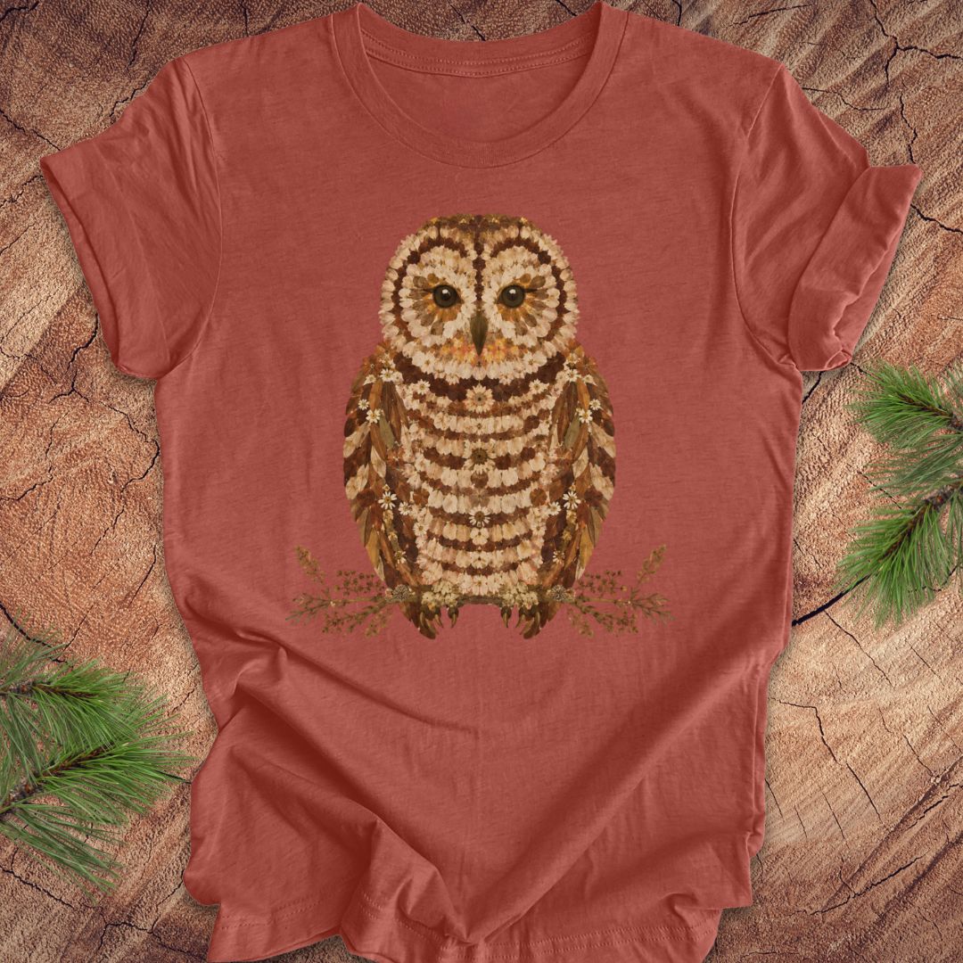 Clay colored t-shirt with an owl and flower design on a wooden surface