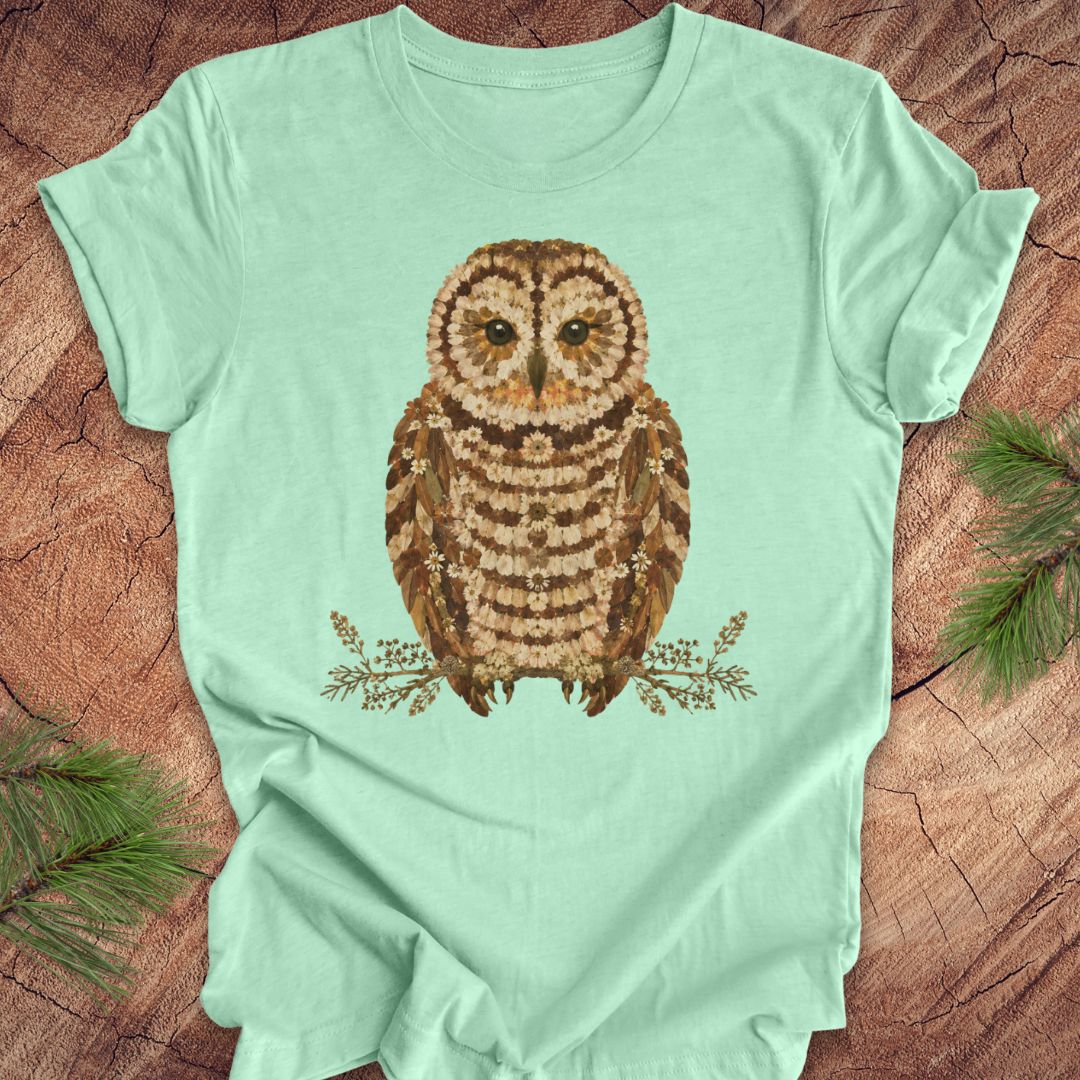 Mint green t-shirt with an owl and flower design on a wooden surface