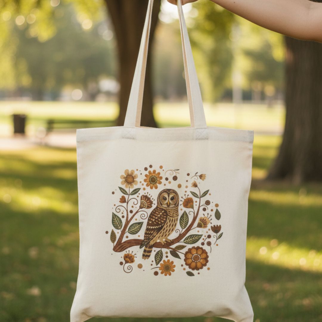 Folk Art Barred Owl Canvas Tote