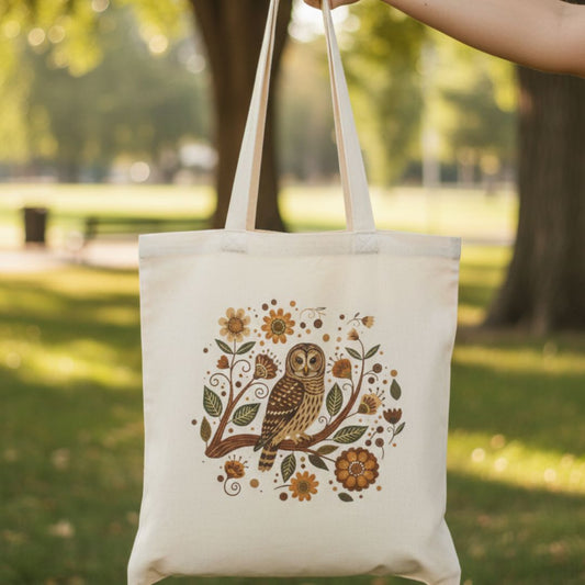 Folk Art Barred Owl Canvas Tote