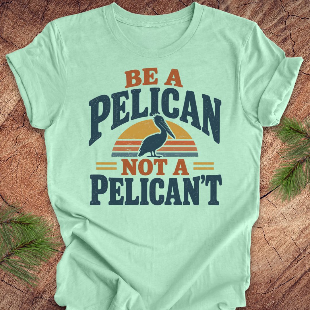 Heather mint green t-shirt with a Brown Pelican silhouette on a retro striped sunset and the words BE A PELICAN NOT A PELICAN'T, laid flat on a rustic wood background with pine branches.
