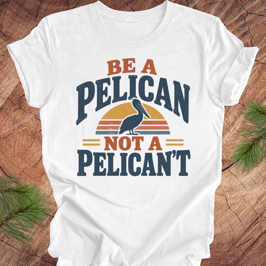 White t-shirt with a Brown Pelican silhouette on a retro striped sunset and the words BE A PELICAN NOT A PELICAN'T, laid flat on a rustic wood background with pine branches.