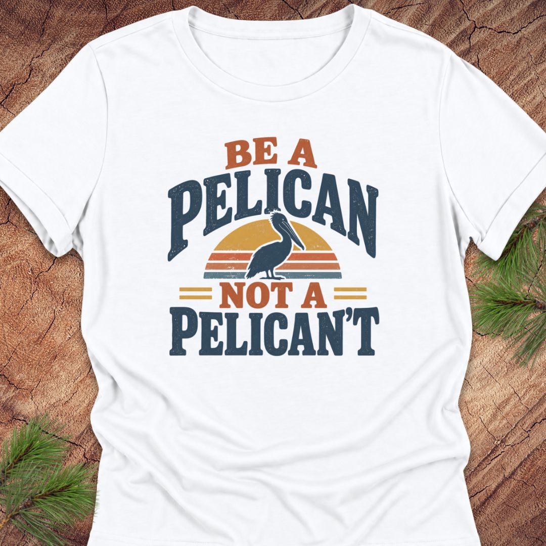 White women's relaxed t-shirt with a Brown Pelican silhouette on a retro striped sunset and the words BE A PELICAN NOT A PELICAN'T, laid flat on a rustic wood background with pine branches.