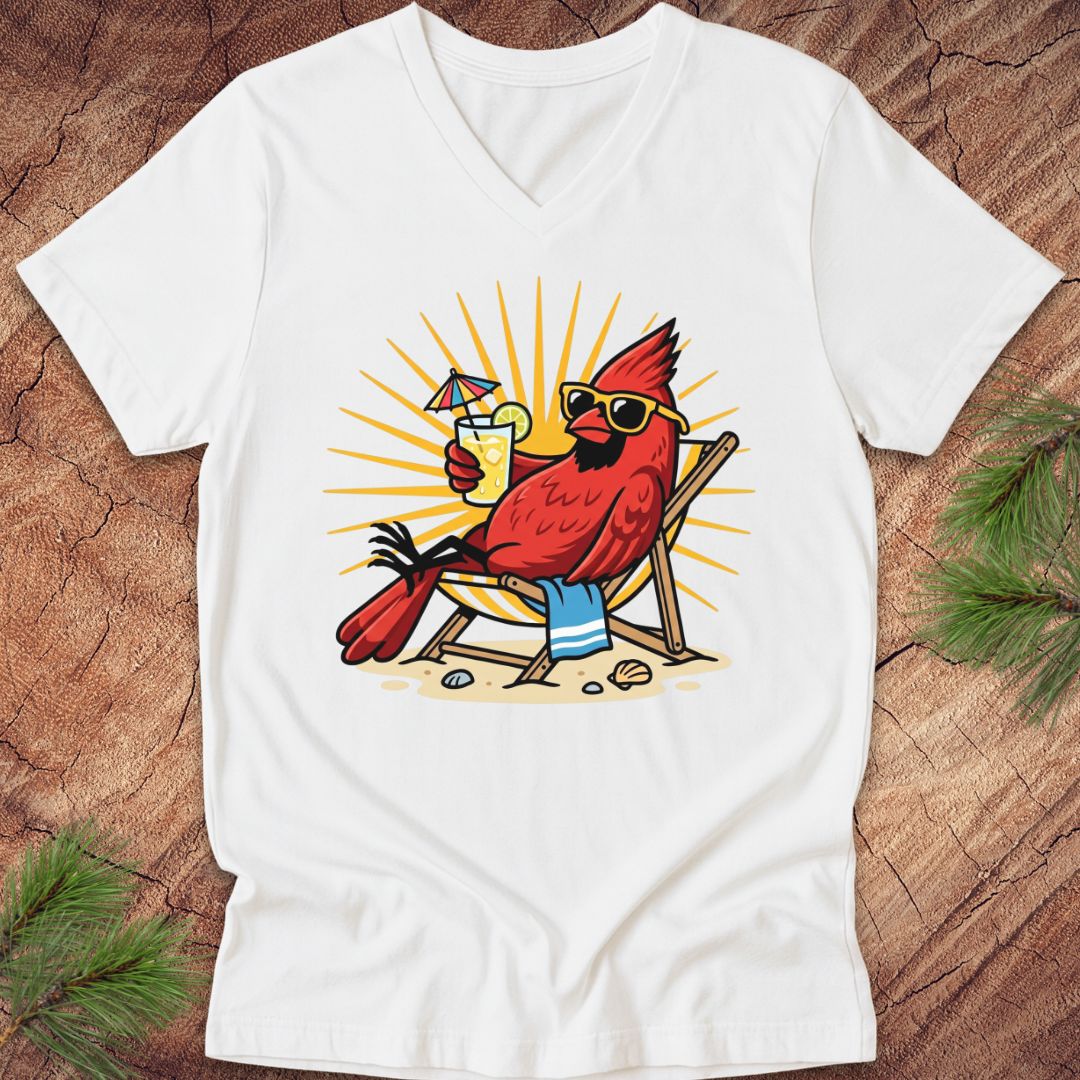 White t-shirt with a cardinal wearing sunglasses and a cocktail graphic on a wooden surface.