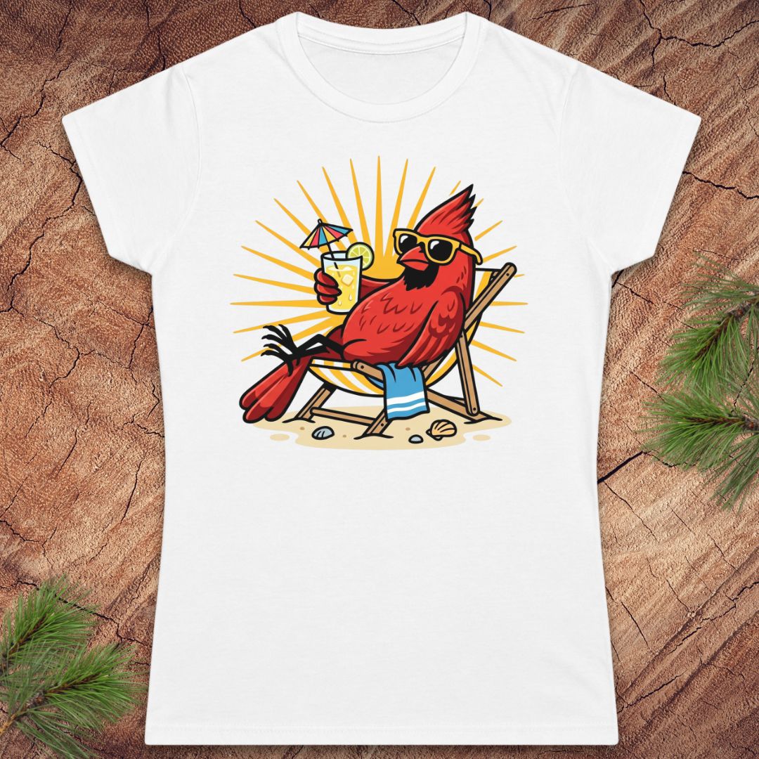 White t-shirt with a cardinal wearing sunglasses and a hat holding a drink on a wooden surface.