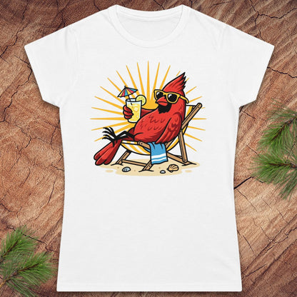 White t-shirt with a cardinal wearing sunglasses and a hat holding a drink on a wooden surface.