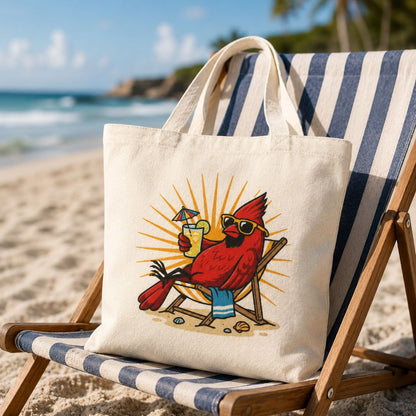Tote bag with a cardinal design on a beach chair by the ocean