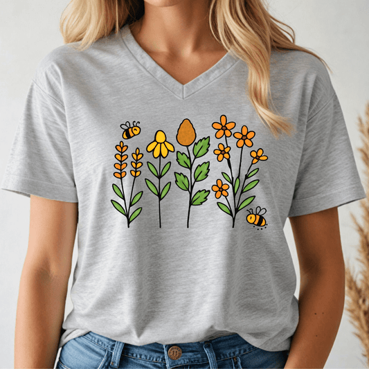 Bees and Flowers V - neck Tee - Wandering Owl Adventure Gear