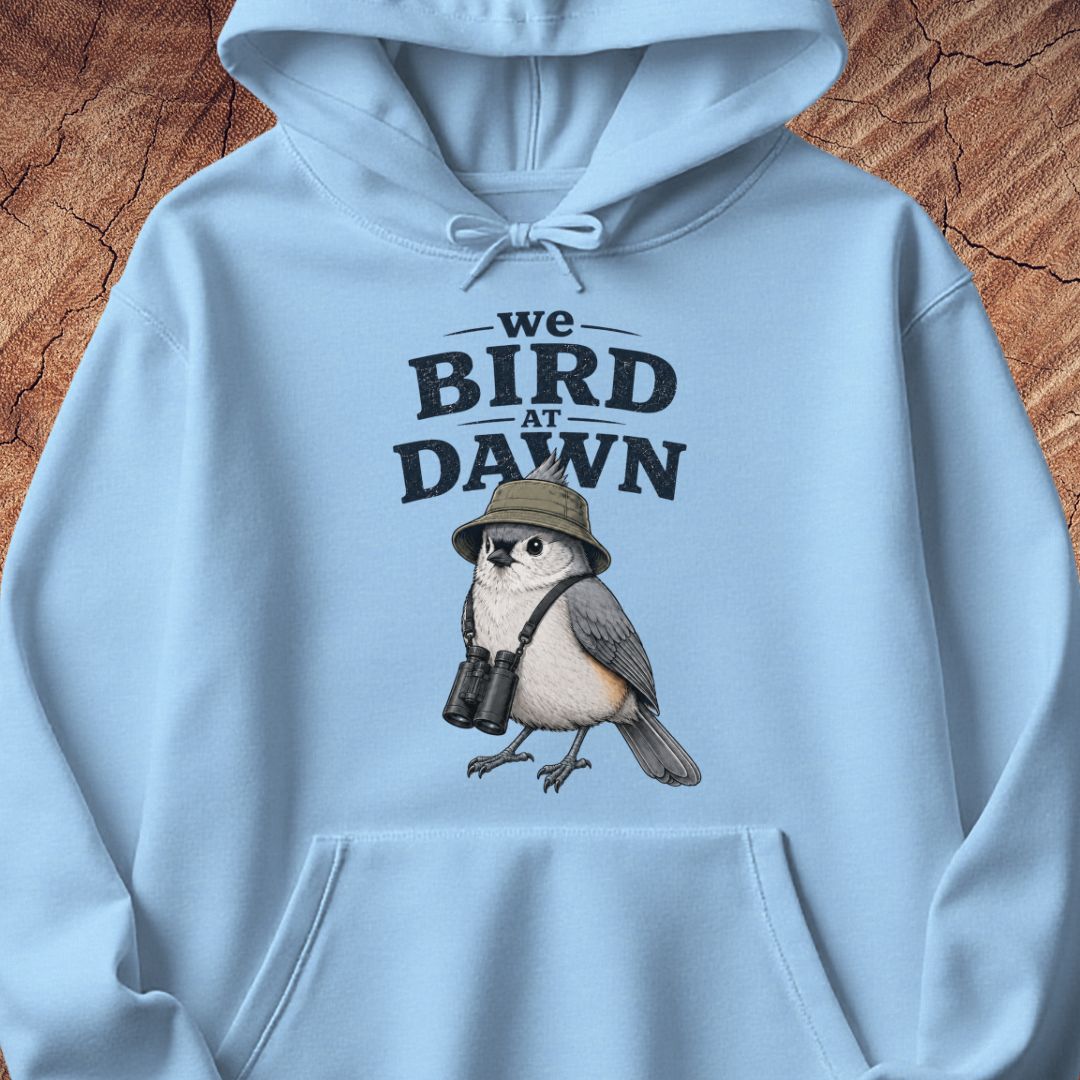 A light blue pullover hoodie laid flat on a textured brown wood background, featuring a graphic print of a bird wearing a safari hat and binoculars with the text 'we BIRD AT DAWN'.