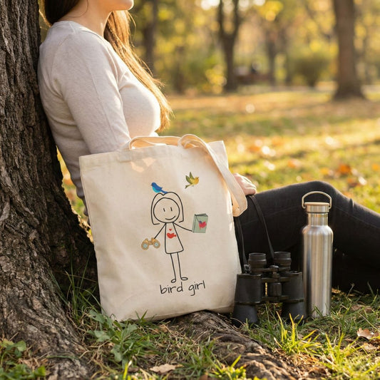 Person sitting in a park with a "Bird Girl" tote bag, water bottle, and binoculars.