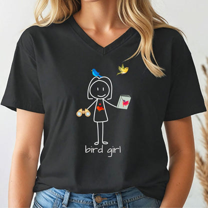 Person wearing a black t-shirt with a stick figure design labeled 'bird girl'.