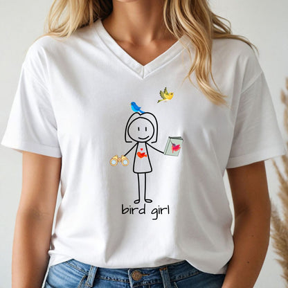 White t-shirt with a 'bird girl' graphic design worn by a person.