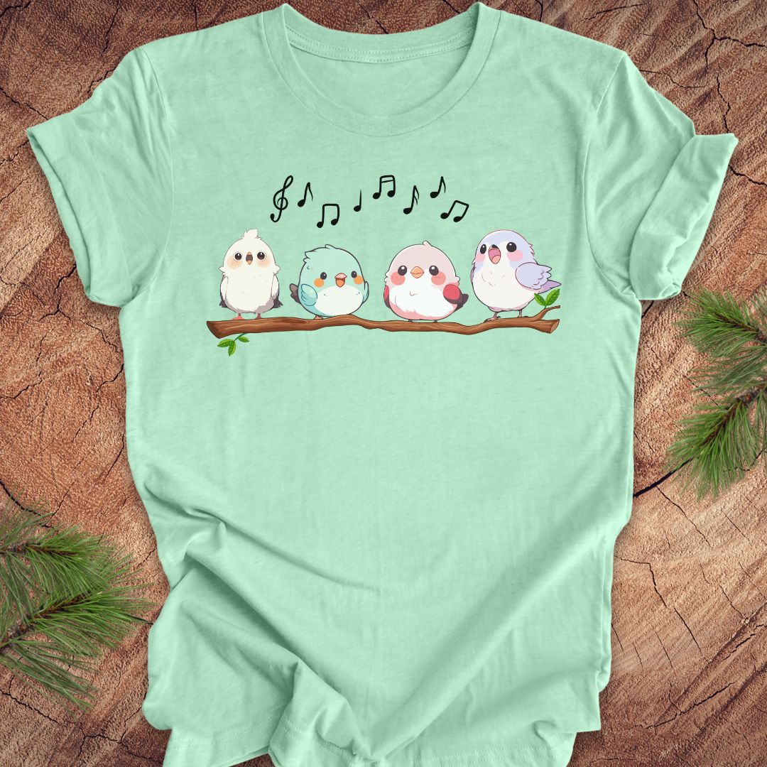 Mint green t-shirt with cartoon birds and musical notes on a wooden surface