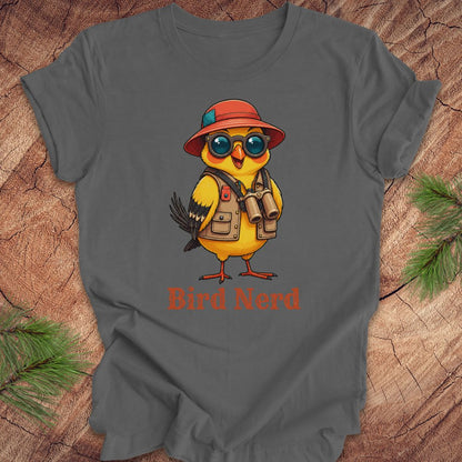 Dark gray t-shirt with a cartoon bird wearing a hat and sunglasses on a wooden background