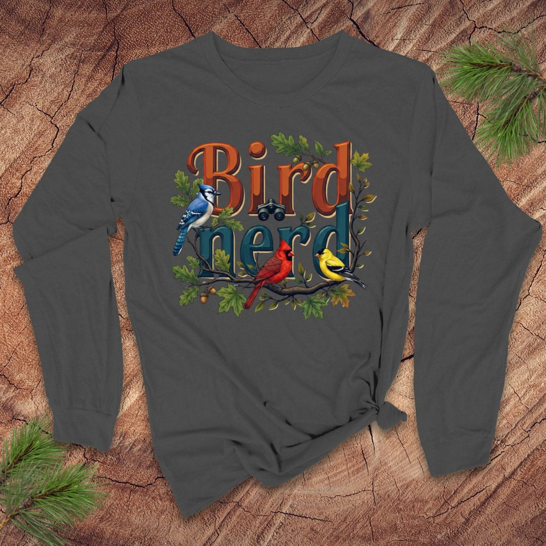 Dark gray long-sleeve shirt with 'Bird Nerd' design featuring birds on a wooden background