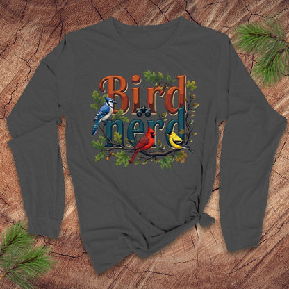 Dark gray long-sleeve shirt with 'Bird Nerd' design featuring birds on a wooden background