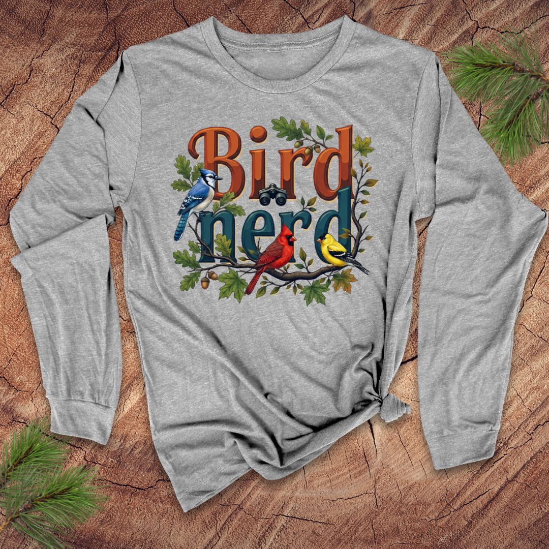 Gray long-sleeve shirt with 'Bird Nerd' design featuring birds on a wooden surface.