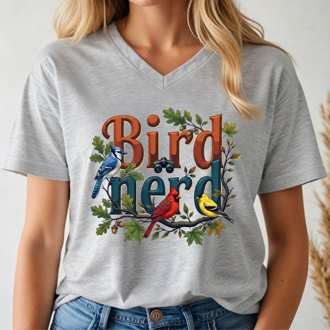 Person wearing a gray t-shirt with 'Bird Nerd' design featuring birds and leaves.