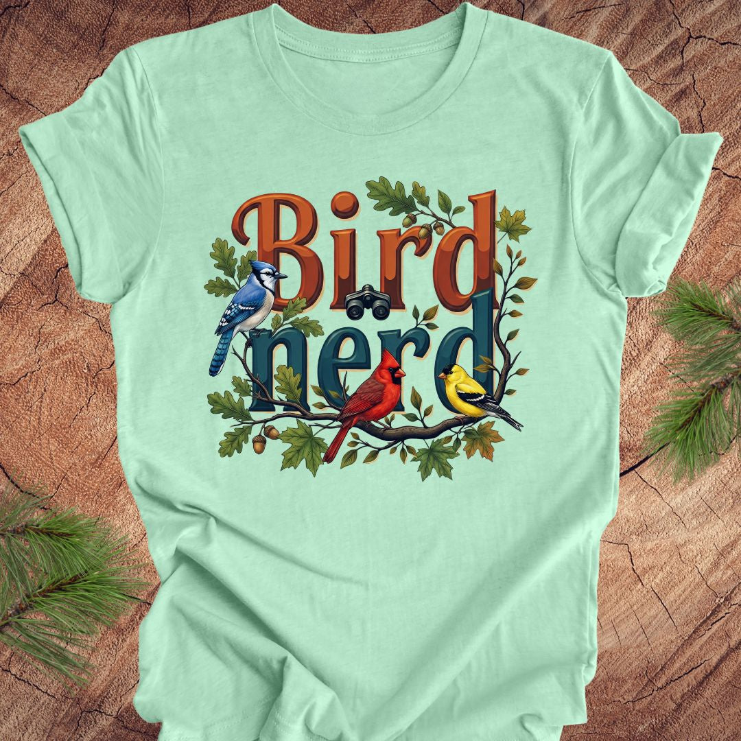 Light green t-shirt with 'Bird Nerd' design featuring birds on a branch.