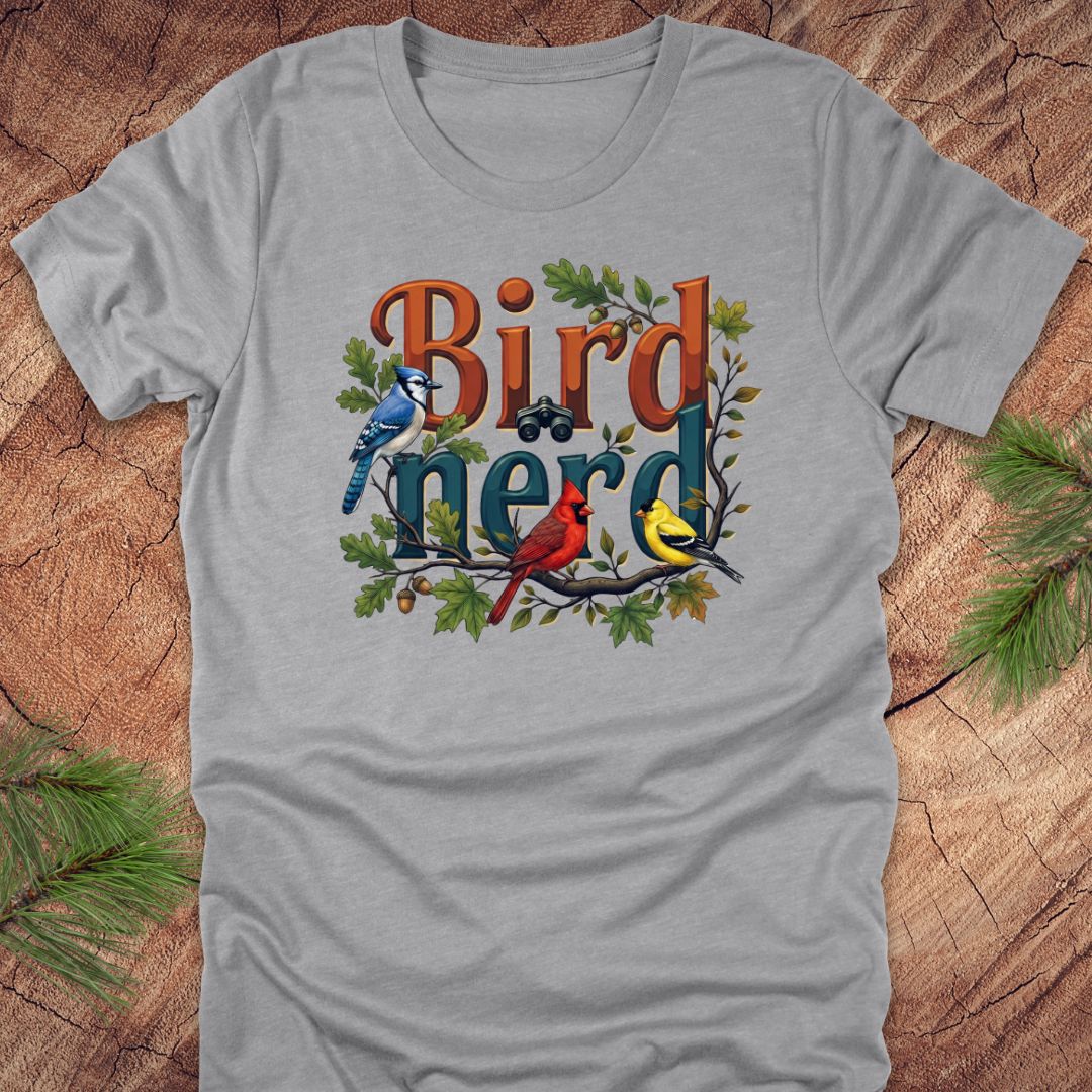 Gray t-shirt with 'Bird Nerd' design featuring birds on a wooden surface