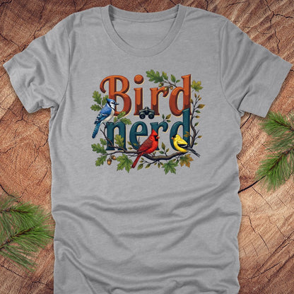 Gray t-shirt with 'Bird Nerd' design featuring birds on a wooden surface