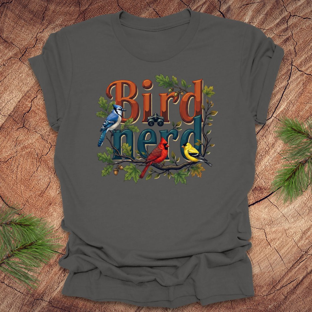 Dark gray t-shirt with 'Bird Nerd' graphic design featuring birds on a wooden background