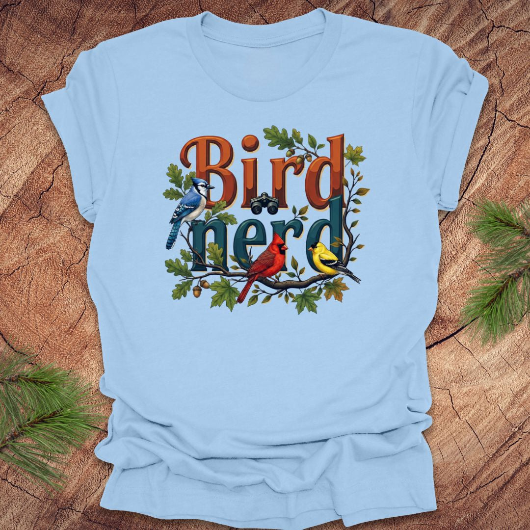 Light blue t-shirt with 'Bird Nerd' graphic on a wooden surface